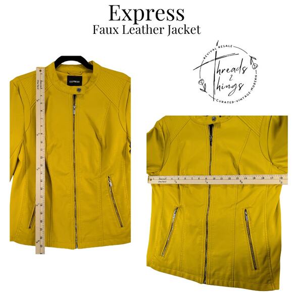 Express Faux Leather Jacket Women Lg Yellow Zip Classy Moto Fall Punk Grunge NWT - Picture 9 of 12